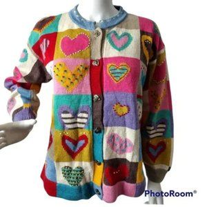 Vintage 90s Christine Foley Chunky Knit Colorful Heart Cotton Cardigan Sweater